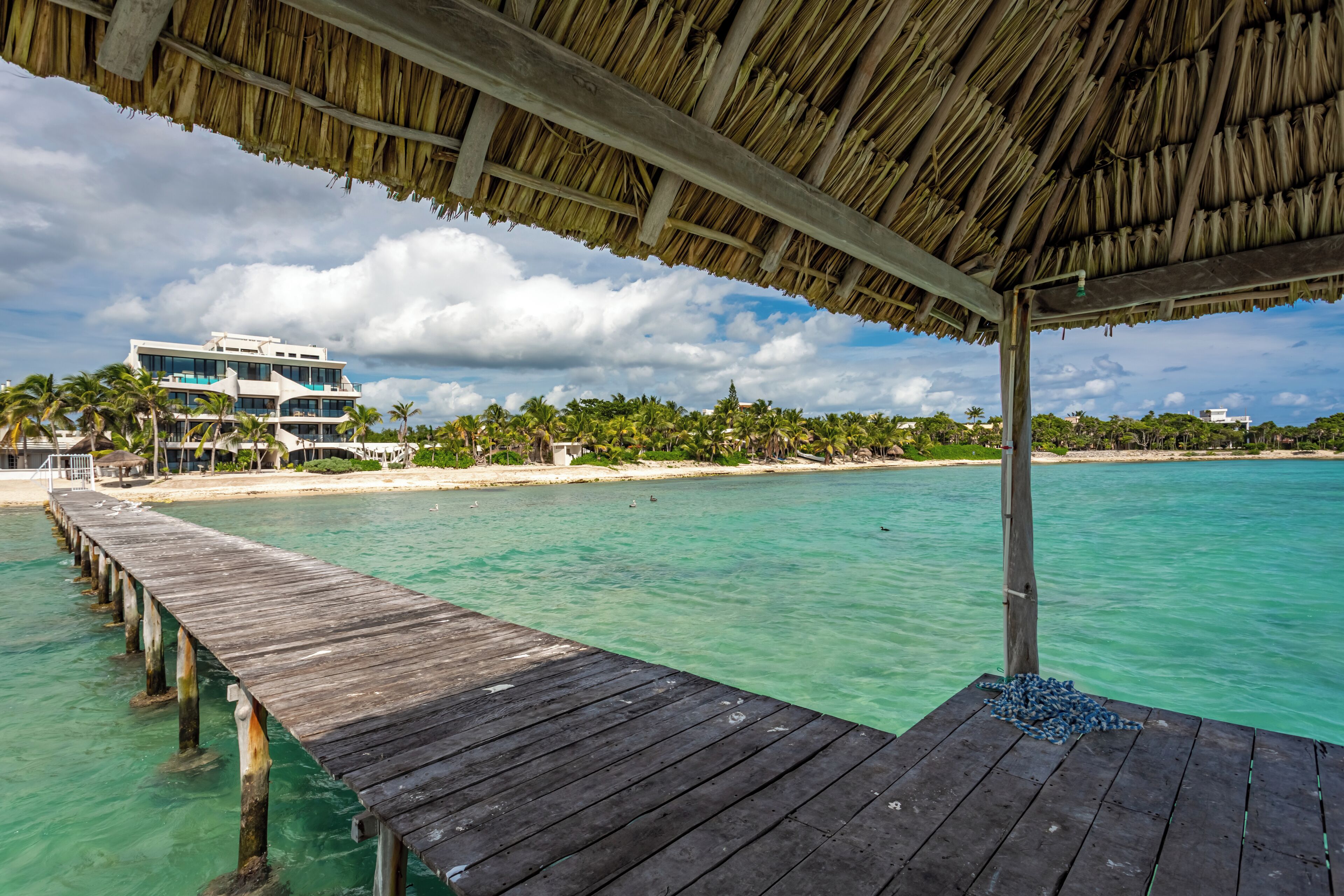 A wooden pier extending into turquoise water, leading to a beach with a modern building and palm trees in the background.