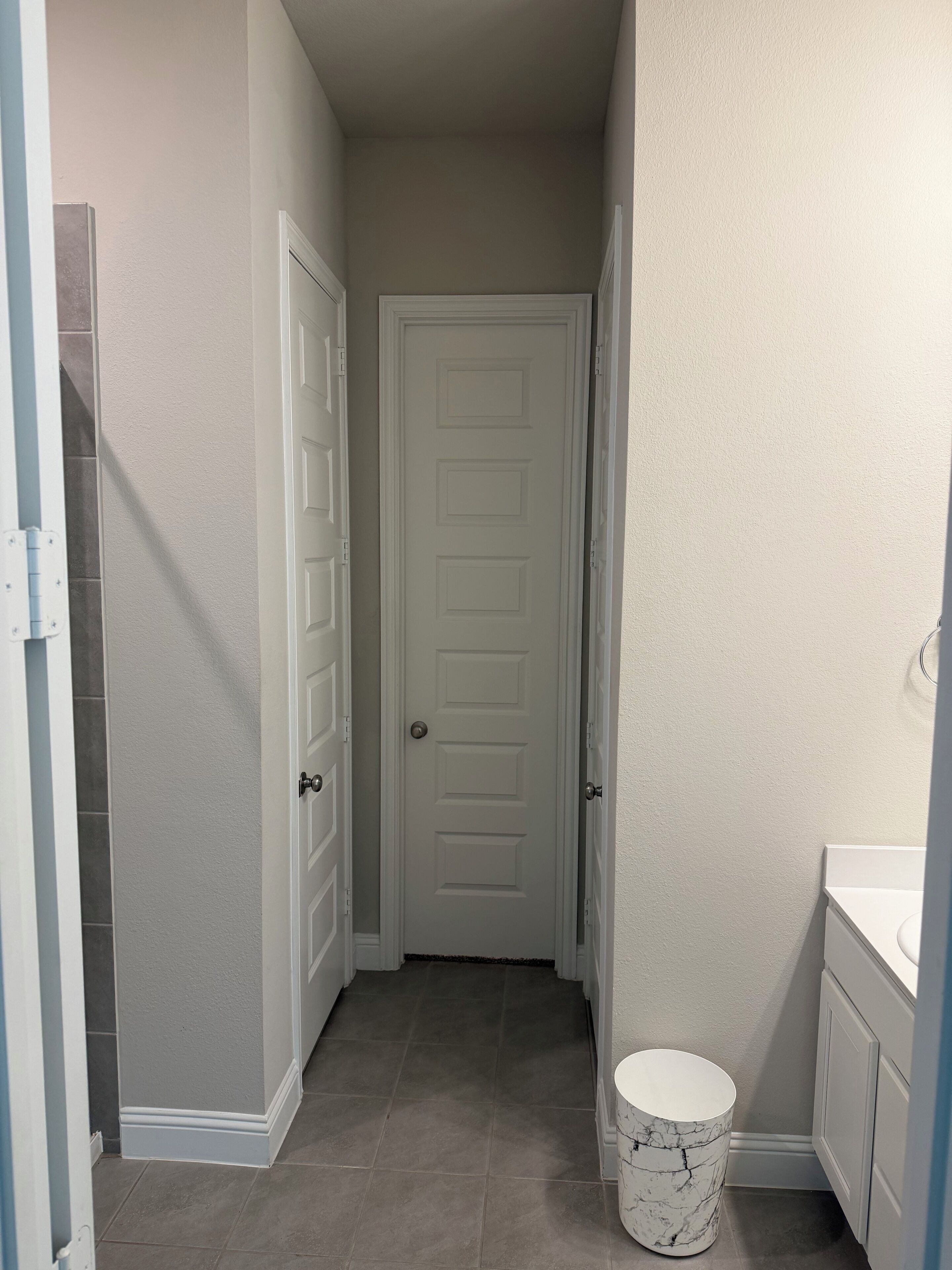 A narrow hallway with a white door at the end, a marble trash can, and a white sink on the right.