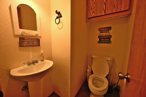 A bathroom with a sink, mirror, and toilet. There are signs on the wall with cabin rules and a sign that says "Please do not throw anything in the toilet other than toilet paper."