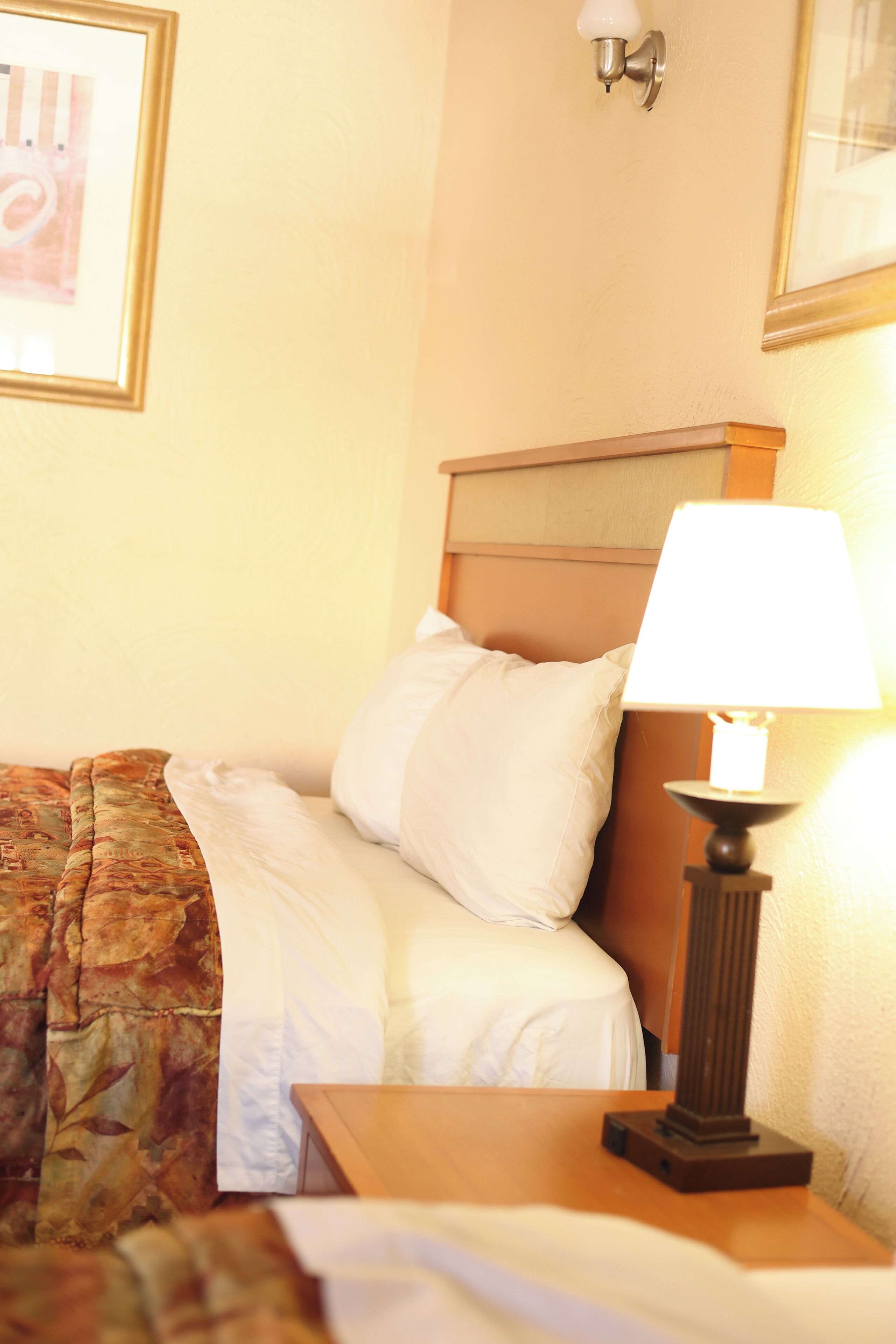 A hotel room with a bed, a nightstand with a lamp, and a framed picture on the wall.