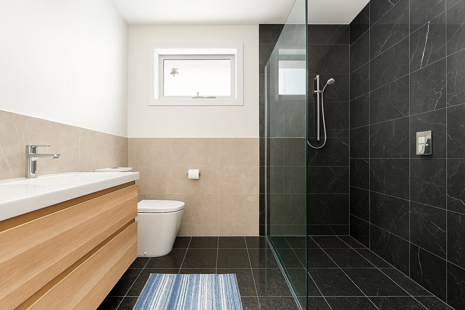 Shower, towels, soap, toilet paper