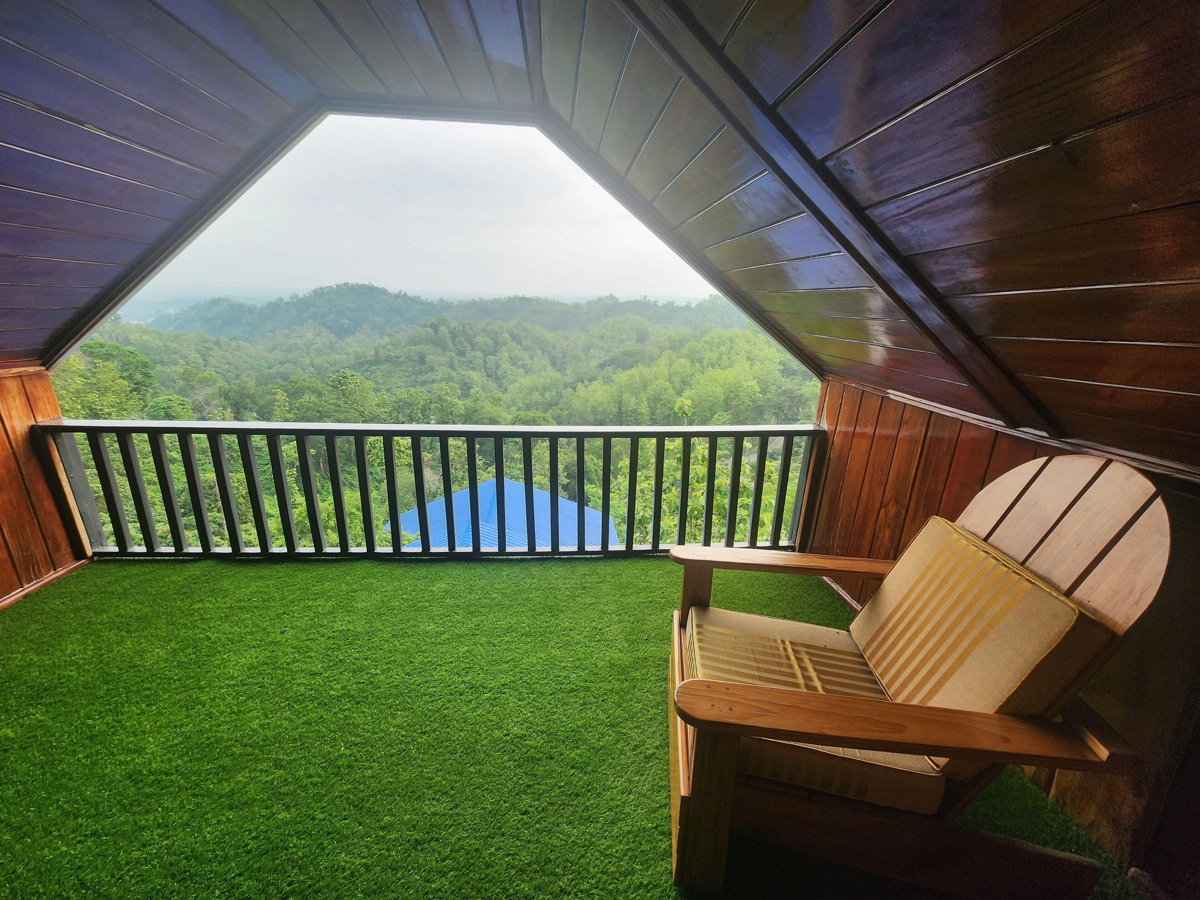 A room with a view of a forested landscape through a large window.