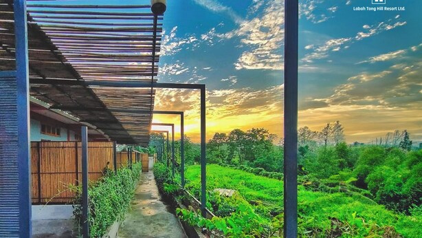 A pathway leading to a building with a covered area, surrounded by lush greenery and a sunset view. - Labah Tong Hill Resort Bandarban (Bandarban)
