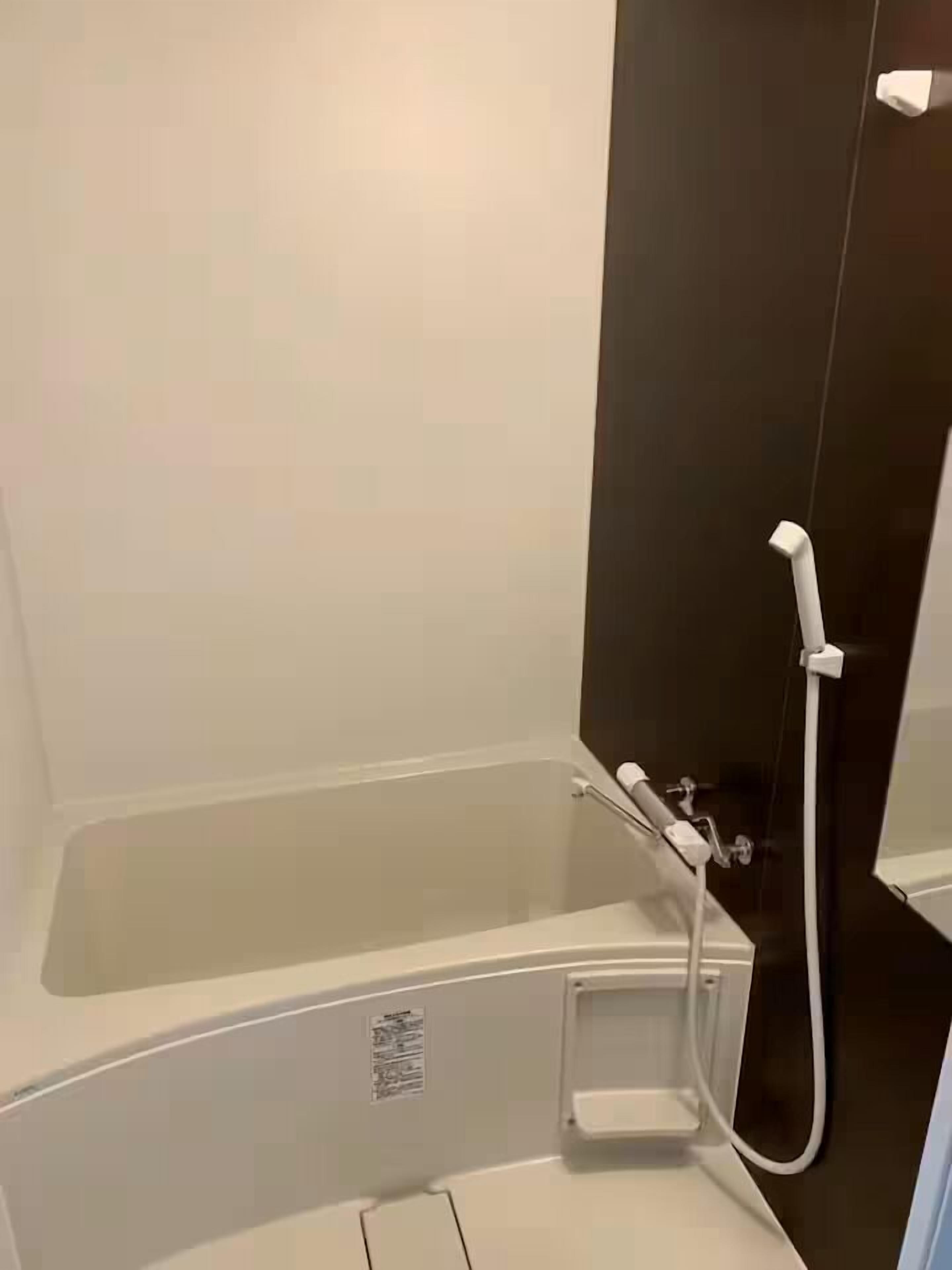A corner bathtub with a handheld showerhead, a small control panel, and a wall-mounted faucet.