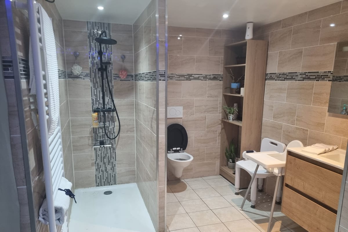 Une salle de bain moderne avec une douche à parois de verre, des toilettes, un lavabo et un meuble-lavabo avec un miroir.