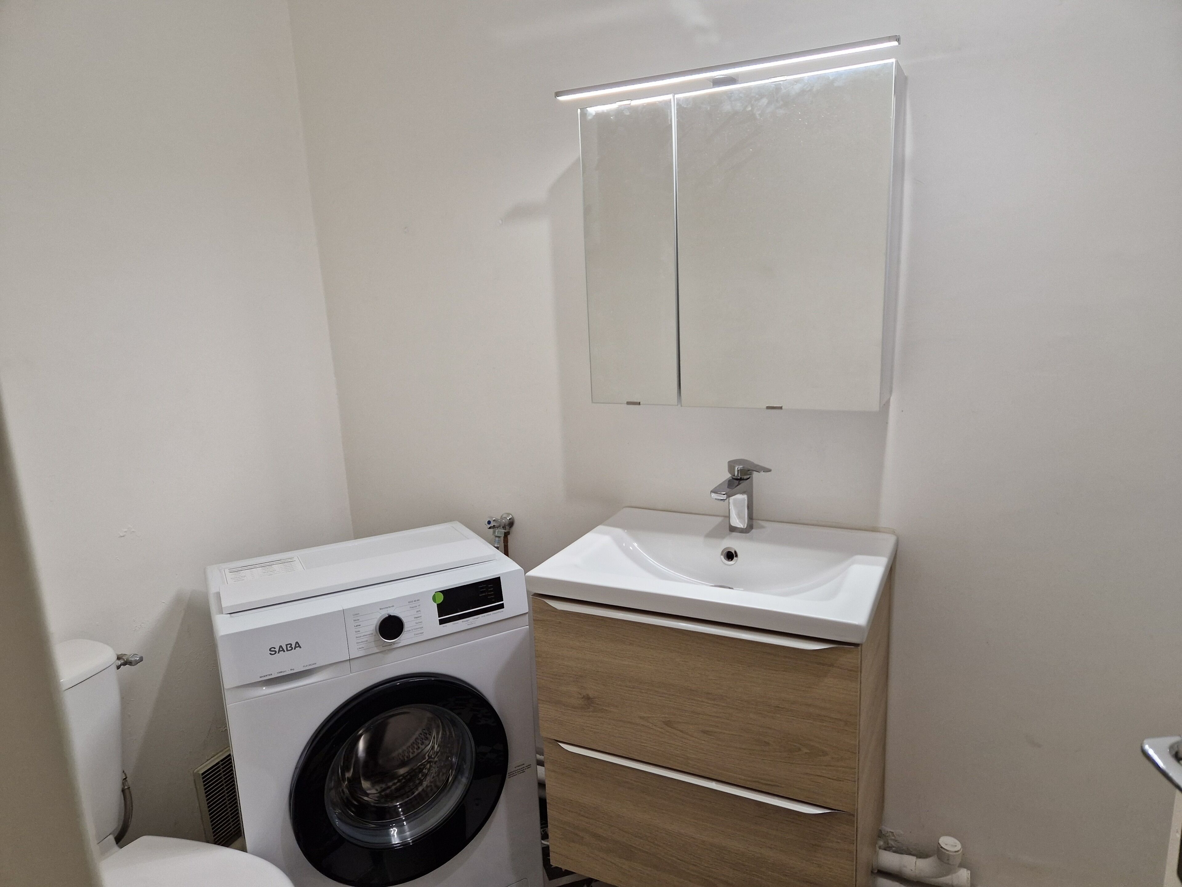 A compact bathroom with a washing machine, a sink, and a mirror above the vanity.