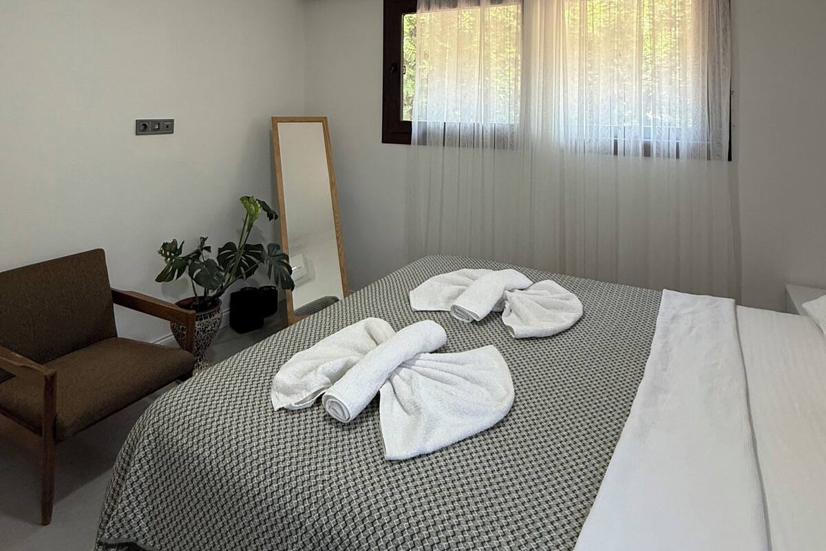 A hotel room with a bed, a chair, a potted plant, a mirror, and a window with sheer curtains.