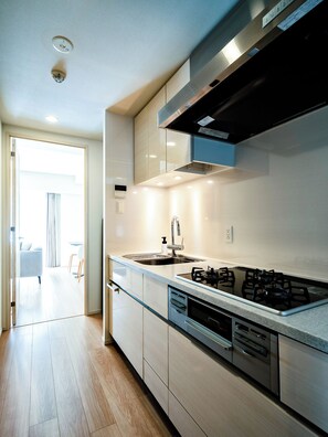 Executive Apartment | Private kitchen | Fridge, microwave, stovetop, electric kettle