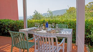 Ein Tisch für zwei, gedeckt mit Wein und Gläsern, umgeben von Grünpflanzen und Blick auf die Berge.