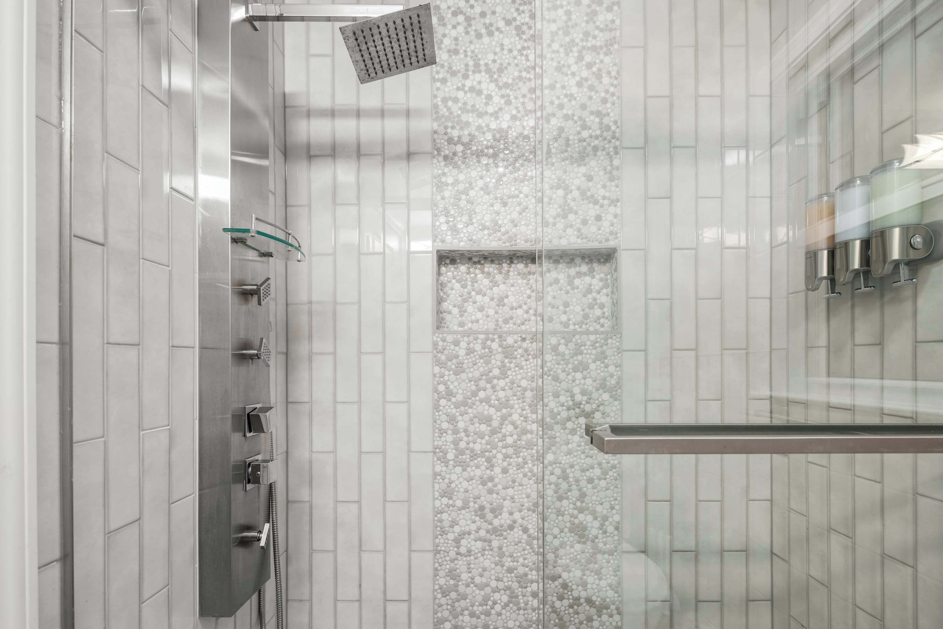 Shower, hair dryer, shampoo
