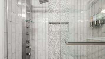 Shower, hair dryer, shampoo
