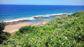 Un paysage côtier comprenant une plage, une côte rocheuse et une végétation luxuriante.