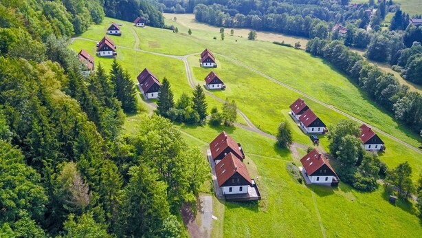 Luchtbeeld van een landelijk gebied met meerdere traditionele huizen met rode daken, omgeven door weelderige groene velden en dichte bossen.