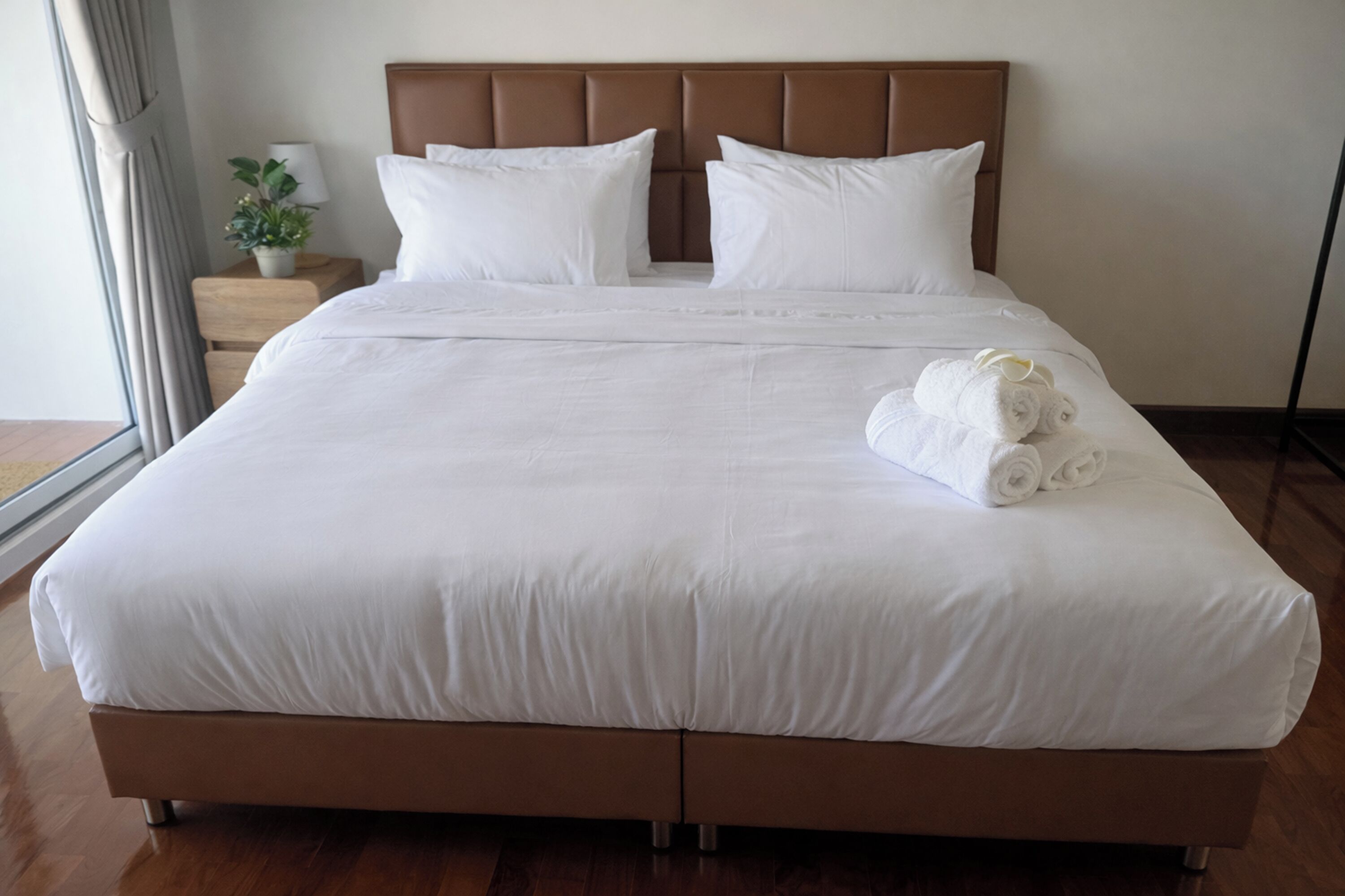 A neatly made bed with white linens and pillows, a wooden headboard, and a small plant on the nightstand.