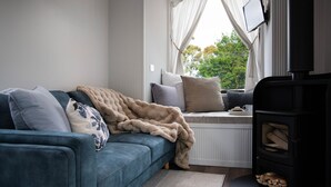 Een gezellige woonkamer met een blauwe bank, een groot raam met gordijnen, een open haard en een televisie.