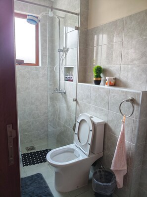 Douche, serviettes fournies, savon, papier toilette
