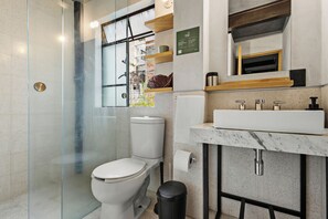 Hair dryer, towels, soap, toilet paper