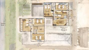A hotel floor plan with 6 rooms, a hall, staff room, and a parking area.