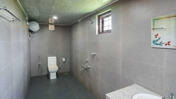 Shower, towels, soap, toilet paper