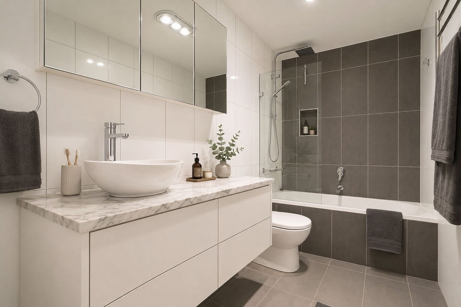 A modern bathroom with a large white sink, a toilet, a shower area, and a mirror above the sink.