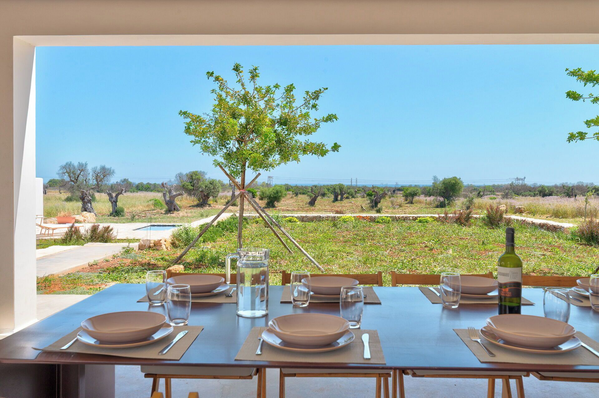 A dining table set for six with a view of a vineyard and distant trees.