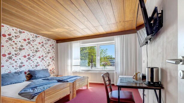 A room with a bed, a desk, a chair, a radiator, and a window with a view of trees. - Room "Room 1" in Extertal (Extertal)