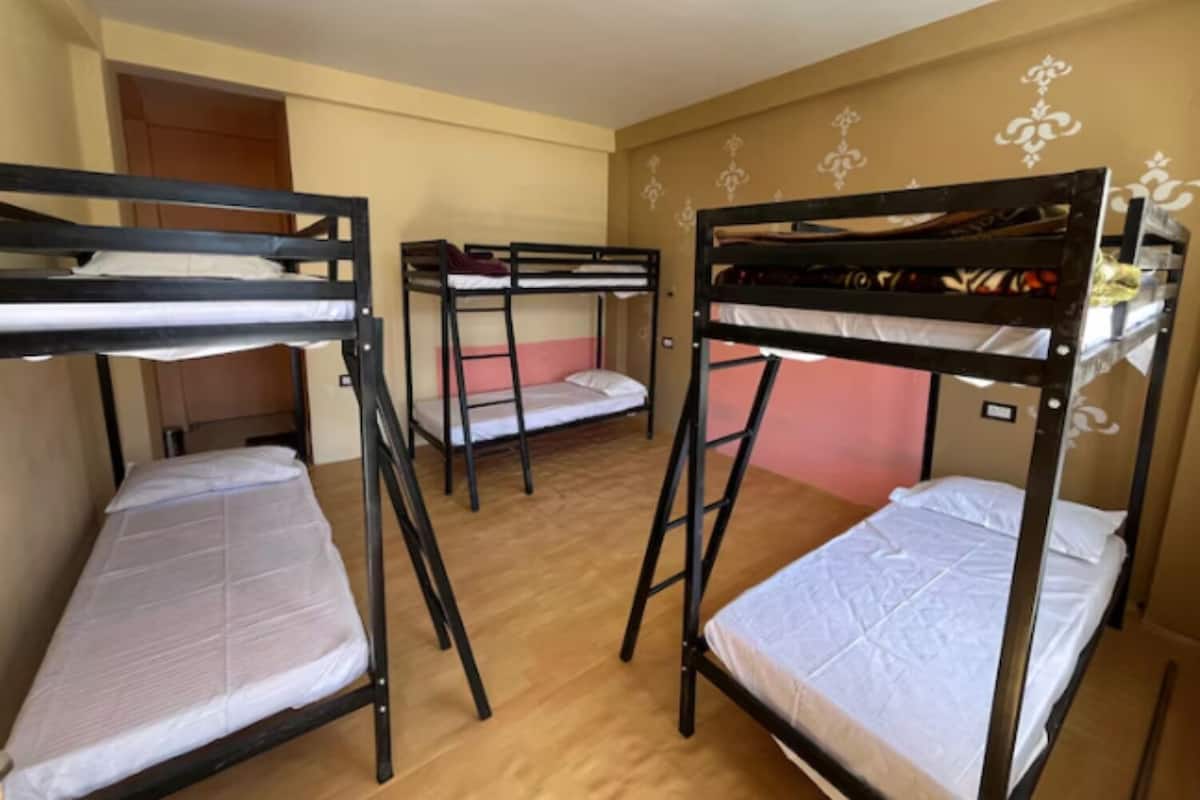 Una habitación con literas dispuestas en fila.