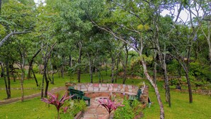A stone pathway leading to a curved stone bench surrounded by lush greenery and trees. - Chishongo residence, your peaceful Darwendale getaway (Zvimba)