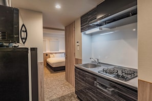 Standard Double Room, 1 Queen Bed with Sofa bed, Non Smoking | Private kitchen | Full-size fridge, microwave, stovetop, cookware/dishes/utensils - Apartment Hotel 11 Dotonbori 8 (Osaka)