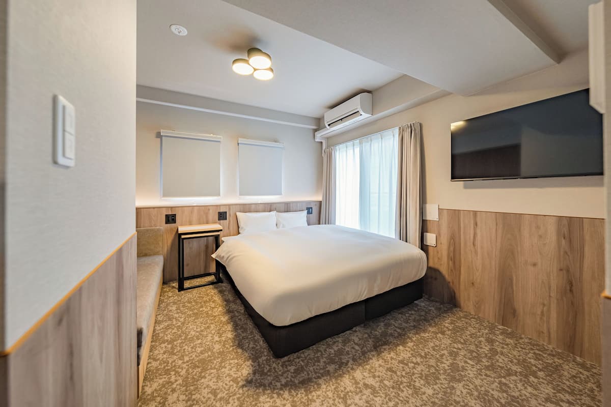 A hotel room with a large bed, a bedside table, a TV mounted on the wall, and an air conditioning unit.