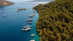 A coastal area with boats docked along a tree-lined shoreline. - Villa Tara in Oludeniz (Fethiye)
