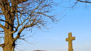 A bench and a stone cross in a park with a clear sky. - Cozy vacation apartment quiet in Lindlar-Linde, approx. 30 km from Cologne (Lindlar)