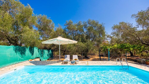 A swimming pool with two lounge chairs and a table under a canopy, surrounded by trees. - Villa Old Vineyard in Paxi (Paxos)