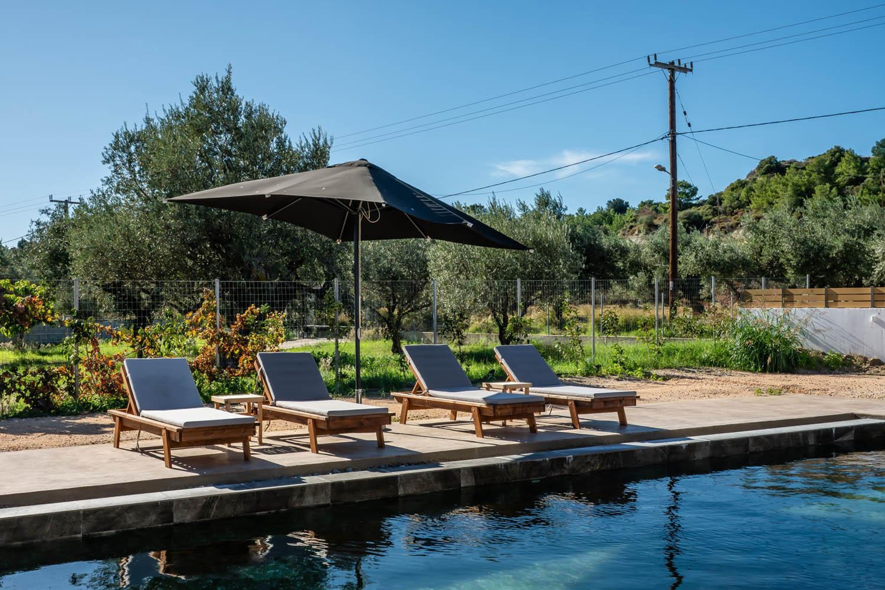 A poolside area with lounge chairs and a canopy.