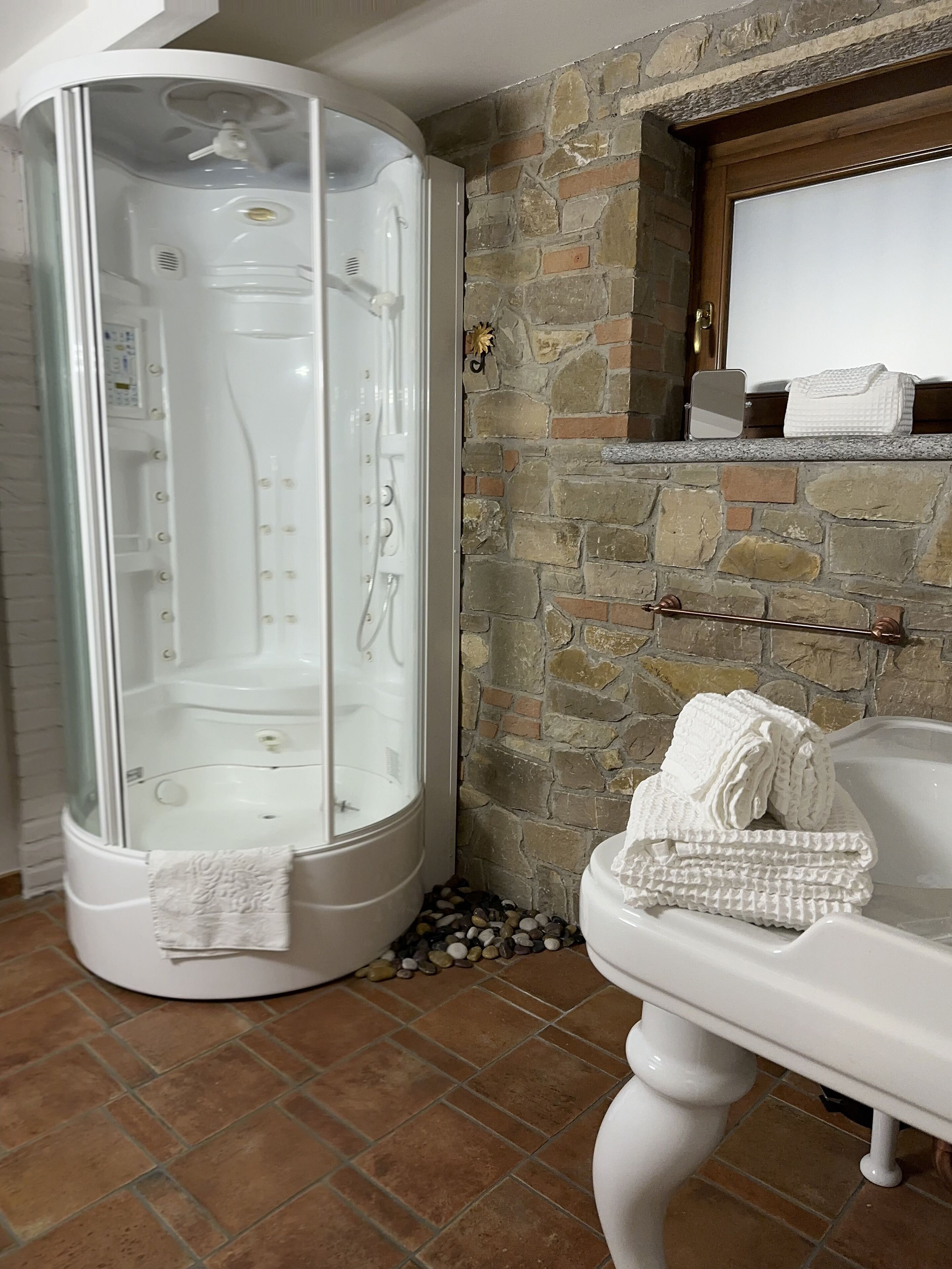 Shower, hair dryer, bidet, towels