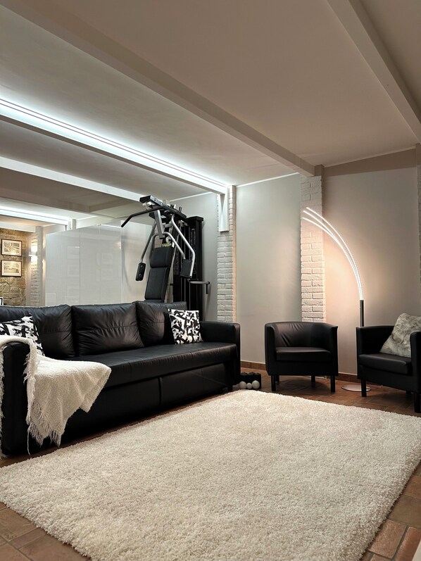Ein modernes Wohnzimmer mit einem schwarzen Ledersofa, einem weißen Shaggy-Teppich und einem schwarzen Sessel. An der Wand ist ein Trainingsgerät angebracht und eine Wand ist mit weißen Ziegeln verkleidet.