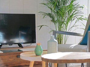 TV connectée, cheminée, table de tennis de table, livres