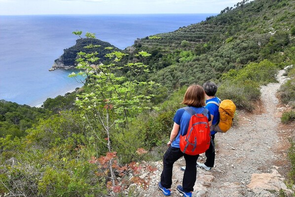 Two people hiking on a rocky path with a view of the sea and hills. - village holiday house with a pool (Magliolo)