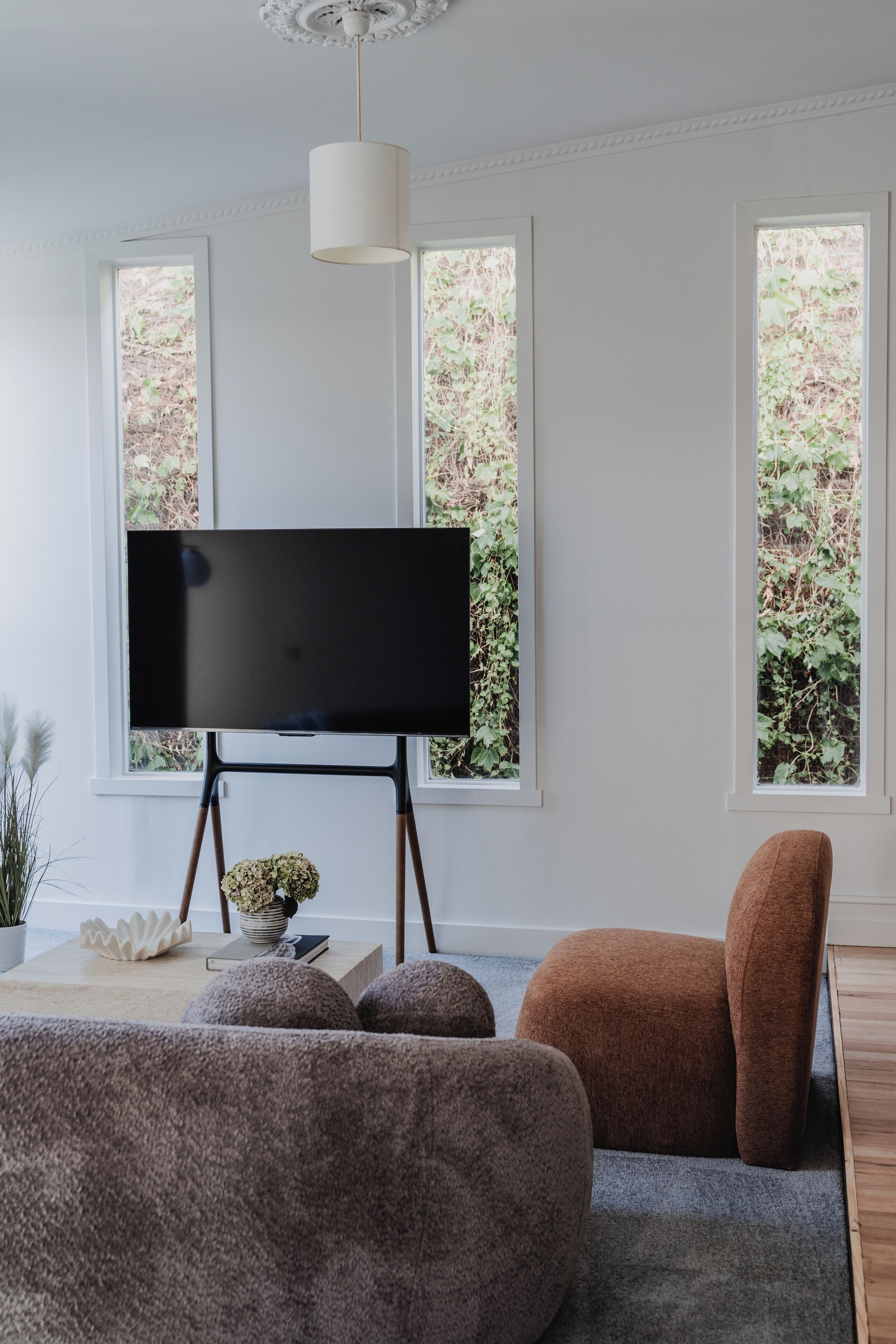 Una sala de estar con una televisión de pantalla plana sobre un mueble bajo, un sofá, un sillón marrón y una mesita con una planta.
