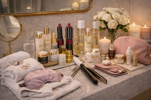 A luxury bathroom vanity with a marble countertop, various personal care products, a vanity mirror, a pink handbag, and a bouquet of white roses. - Athens rooftop terrace suite (athens)