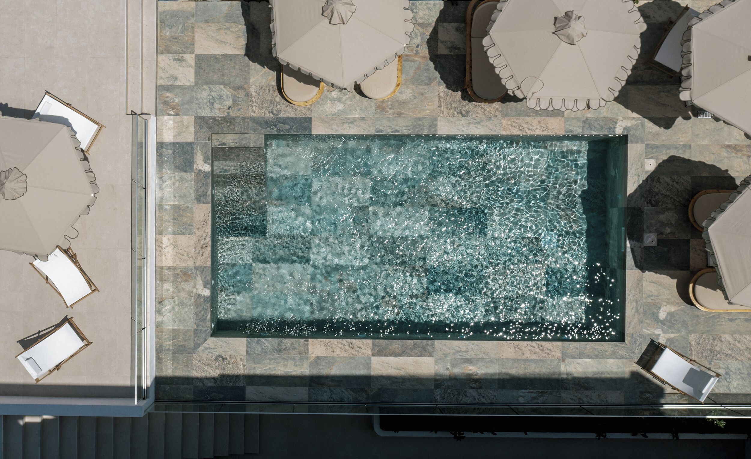 Seasonal outdoor pool, pool umbrellas