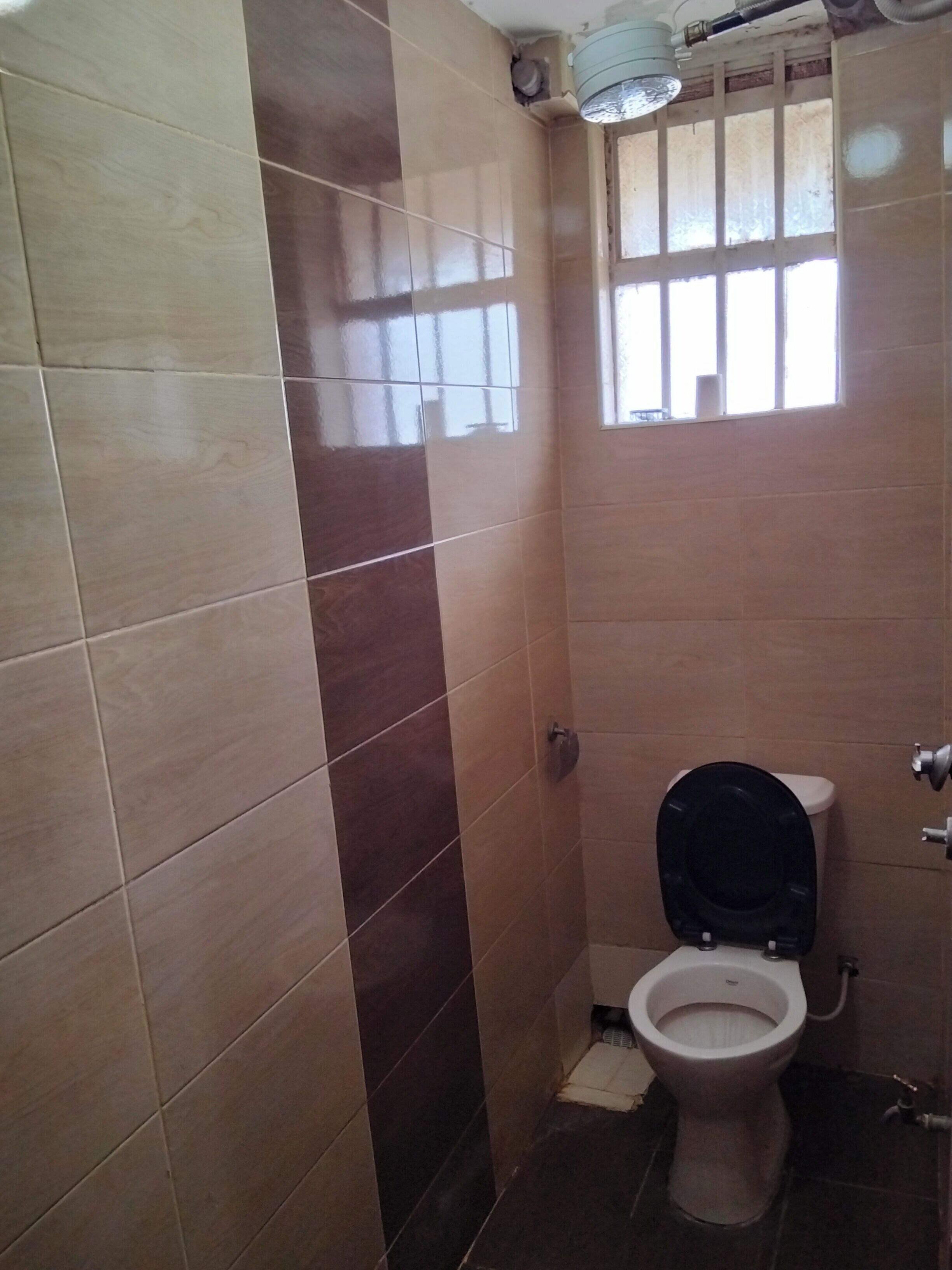 A bathroom with a toilet, a window, and tiled walls.
