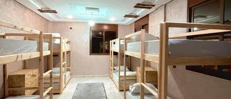 Un dormitorio con literas, una alfombra gris y un tragaluz.