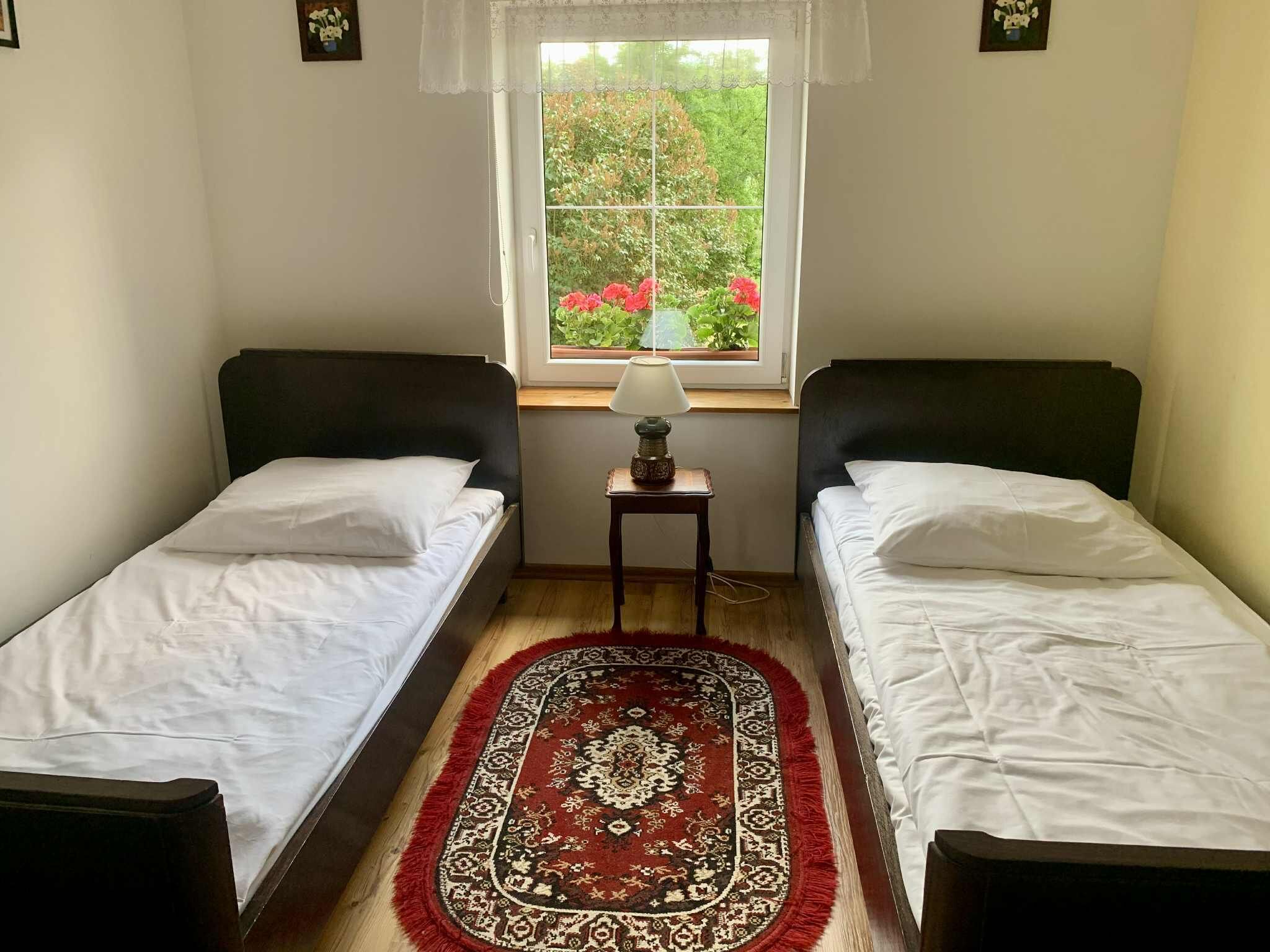 A small room with two single beds, a window with a view of greenery, and a small table with a lamp.
