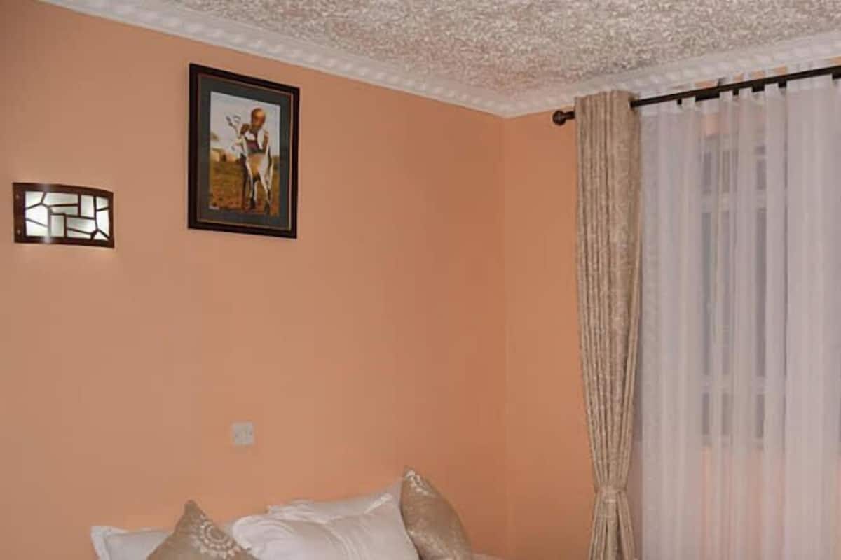 Une pièce aux murs de couleur pêche, un lit avec des oreillers, un tableau encadré et une fenêtre ornée de rideaux légers.