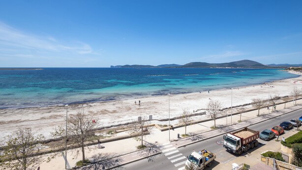 Eine Küstenstraße mit Strand, einem Lastwagen und geparkten Autos.