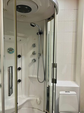 Une cabine de douche moderne dotée d’un pommeau de douche à main, d’un siège intégré et d’un panneau de commande avec plusieurs boutons.