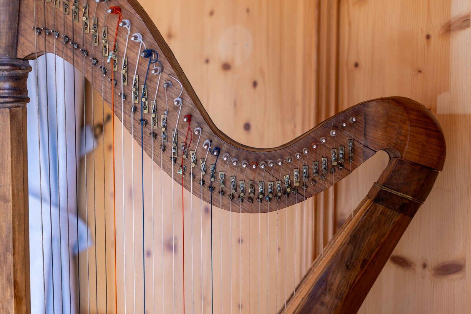 Une harpe dotée de cordes et de chevilles d’accordage, placée sur un fond en bois.