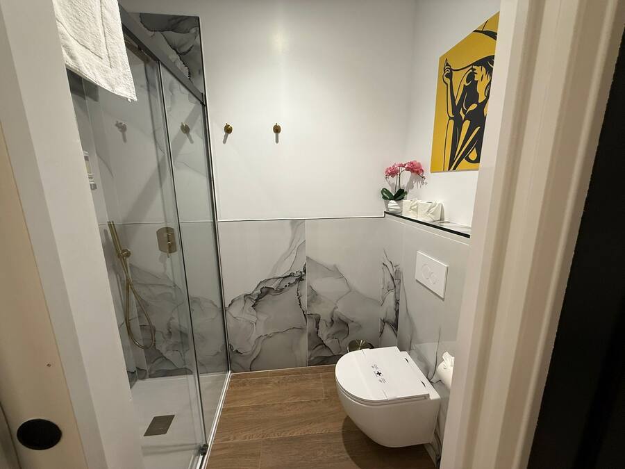 Un baño moderno con ducha acristalada, inodoro y salpicadero de mármol.