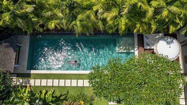 Ein Schwimmbad mit einer darin schwimmenden Person, umgeben von üppiger Vegetation und einer gefliesten Liegefläche.